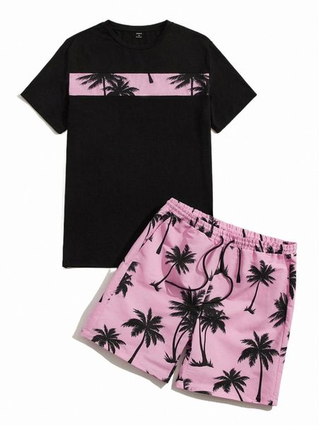 

men coconut tree print tee & drawstring waist shorts h9ha#, Gray