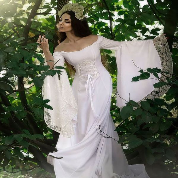 

fariytale white medieval boho wedding dress with long sleeve off the shoulder lace bohemian country civil bride dress bridal party wear vest