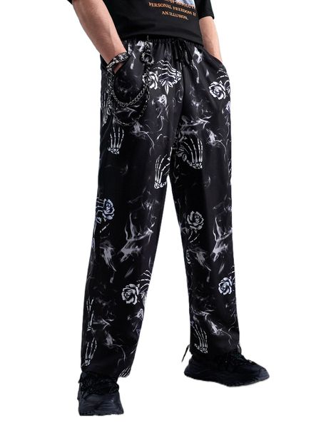 

romwe goth guys floral & skull print drawstring pants without chain s4ab#, Black