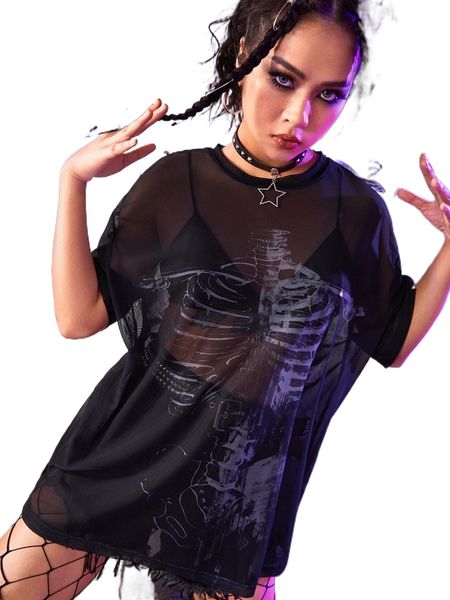 

romwe punk rock skeleton graphic mesh e9cw#, White