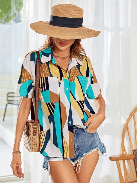 

geo print patched pocket drop shoulder blouse y1vf#, White