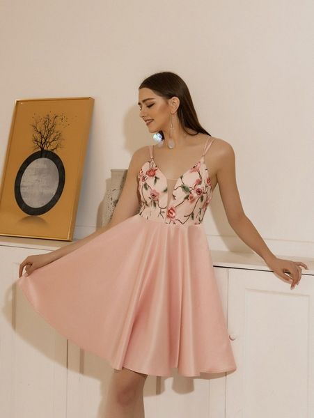 

angel fashions mesh insert floral embroidery satin cami dress o05s#, Black;gray