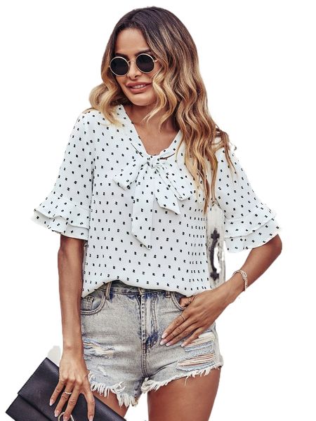 

allover print tie neck layered sleeve blouse b72s#, White