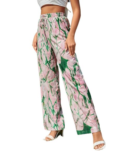 

allover print slant pockets drawstring waist pants 17xr#, Black;white