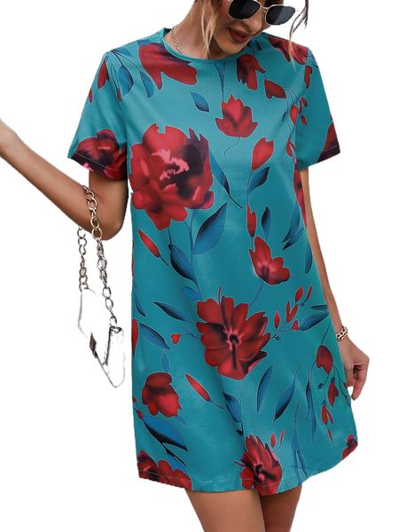 

floral print tee dress b1xd#, Black;gray