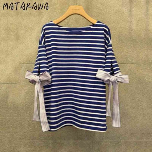 

bowknot shortsleeved woman tshirts summer fashion bottoming korean loose striped womens tshirt 210506, White