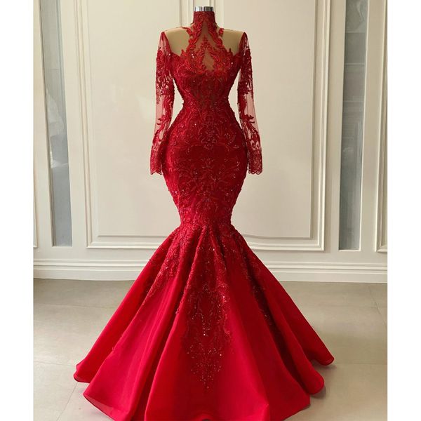 Modest Red Mermaid Prom Dresses Abiti Appliques in rilievo Abito da sera lungo in rilievo su misura con maniche completa Abito da festa formale