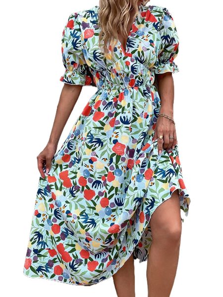

allover floral print puff sleeve dress g1eh#, Black;gray
