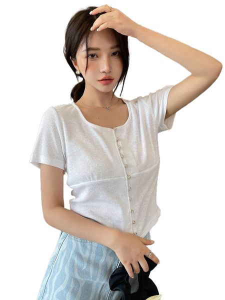 

dazy button front ribbed knit tee q2pa#, White