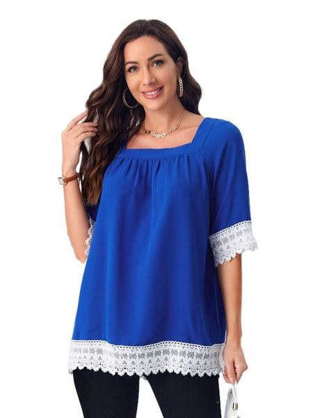 

emery rose contrast guipure lace square neck blouse z6sc#, White