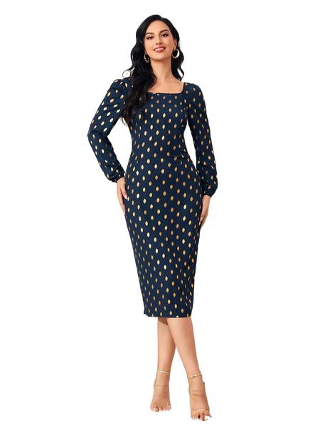 

1pc gold dot print lantern sleeve split back dress z933#, Black;gray