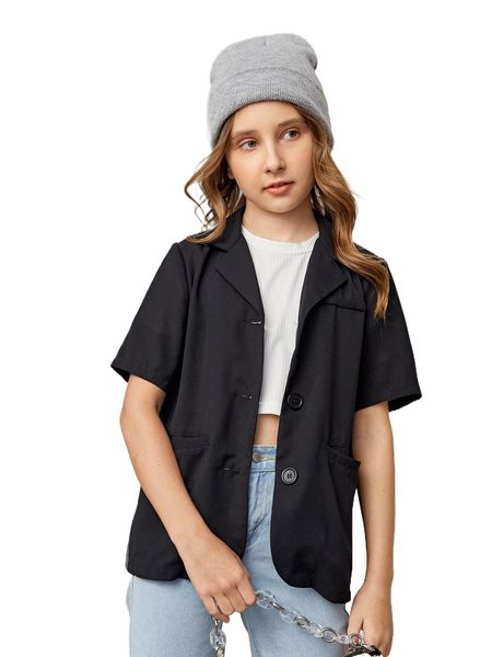 

girls lapel collar pocket front shirt d1uv#, Black;white