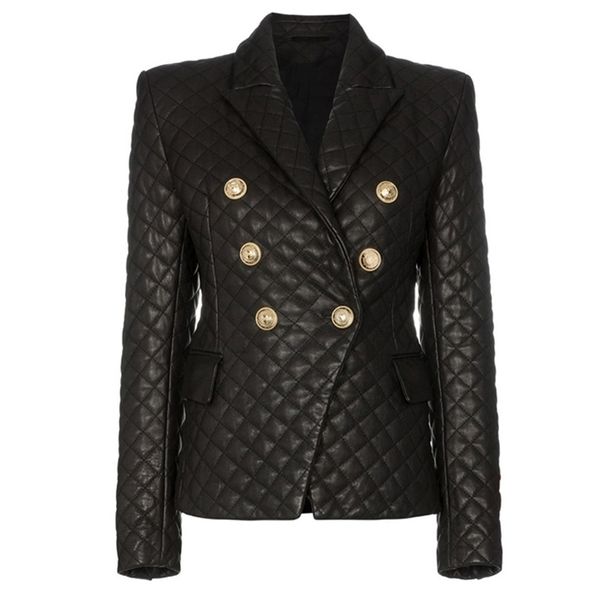 

2020 new stylish designer blazer women s lion buttons grid cotton padded slim fitting synthetic leather jacket lj200911, White;black