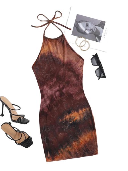 

low back tie dye halter dress n5a7#, Black;gray
