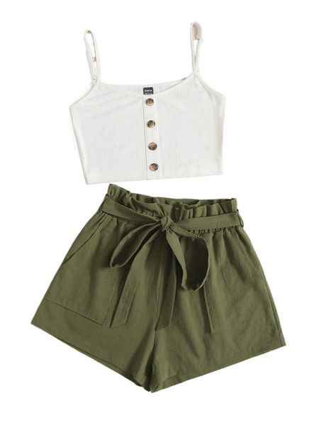 

fake button cami & paperbag waist belted shorts 32ib#, White