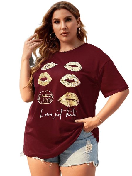 

plus lip print drop shoulder longline tee b0da#, Black