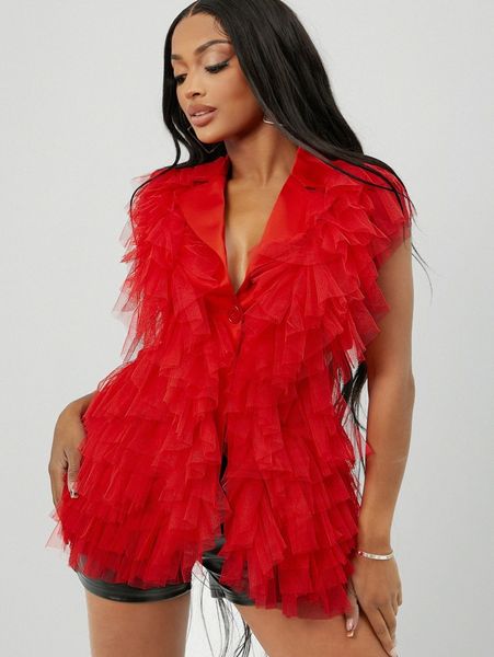 

sxy satin ruffled tulle notched lapel longline vest blazer m5iu#, White