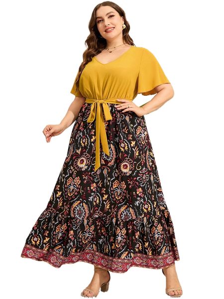 

plus floral print ruffle hem belted dress n7na#, Black