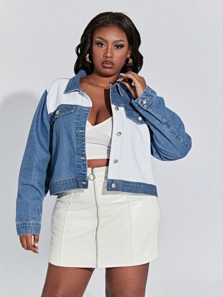 

plus colorblock button front denim jacket y332#, Black;brown