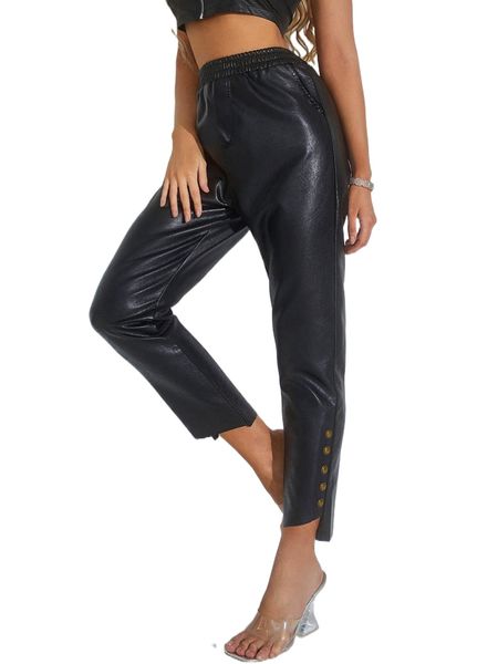 

apperloth a button detail asymmetrical hem pu leather pants 18kh#, Black;white