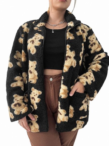 

plus bear pattern drop shoulder teddy coat m5wm#, Black