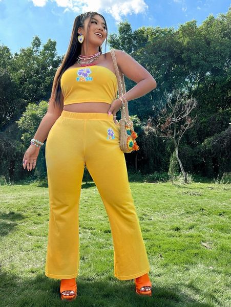 

plus letter & floral print crop tube & flare leg pants w1ce#, Black