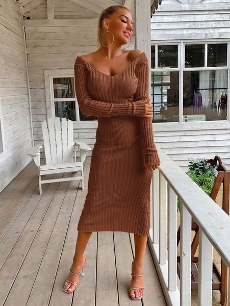 

joyfunear double v neckline rib knit dress l65g#, White;black