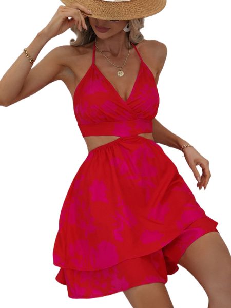 

floral tie backless layered hem halter romper m6xo#, Black;white