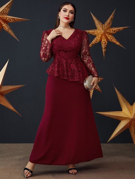 

plus peplum trim contrast lace dress 19fv#, Black