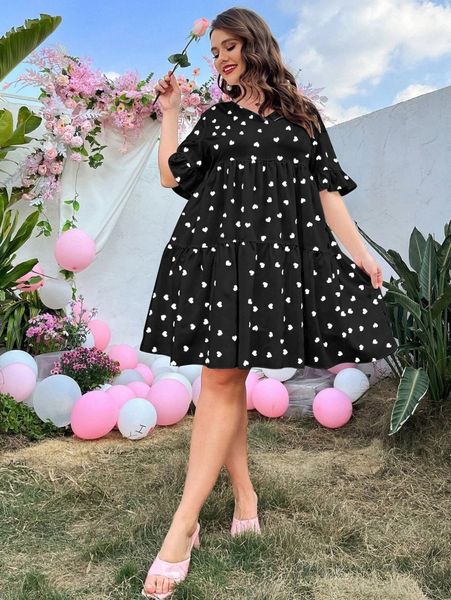 

plus heart print flounce sleeve ruffle hem dress 267m#, Black