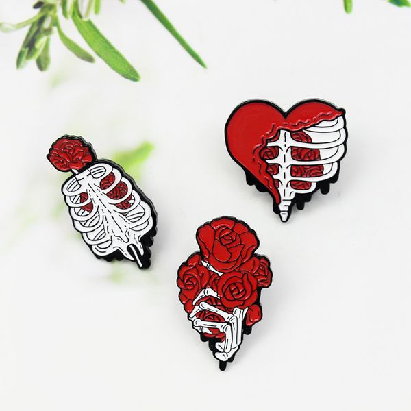 

skull hand brooch offering flowers heart rib in full bloom trend creative fashion alloy jewelry gifts, Gray