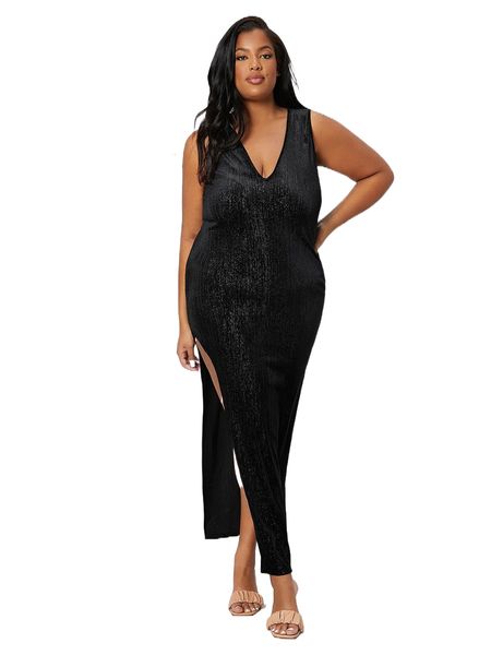 

plus sleeveless split thigh dress h9mr#, Black