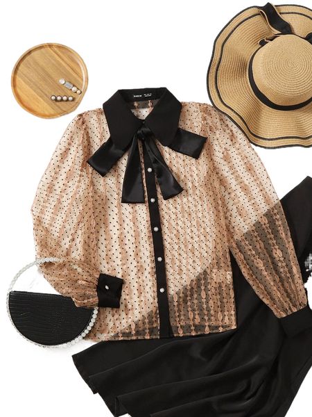

tie neck polka dot sheer mesh shirt v73f#, White