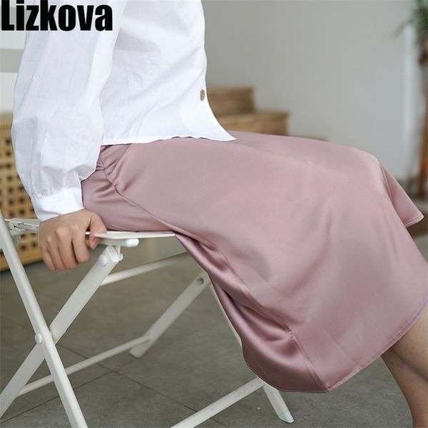 

lizkova summer satin skirt women high waist shiny elegant skirt 2020 official ladies knee lenth skirt lj201120, White