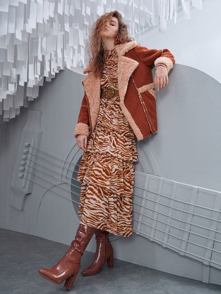 

allover print tie back layered hem dress 30dp#, Black;gray