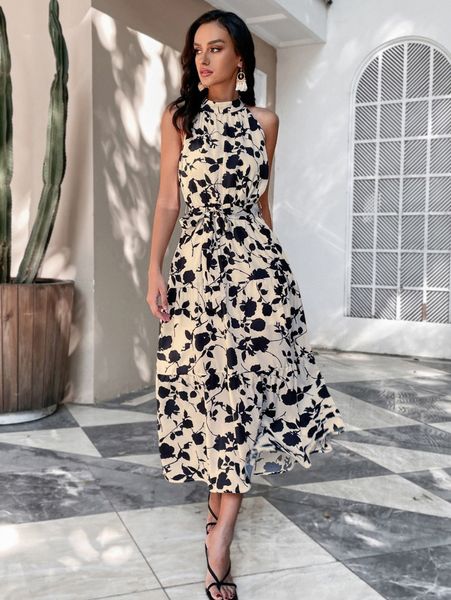 

floral print ruffle hem dress s4sx#, Black;gray