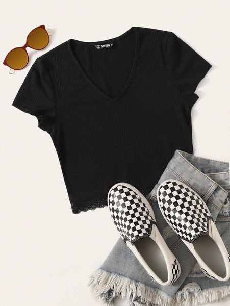 

v-neck lace hem rib-knit u34b#, White