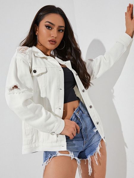 

ripped button through denim jacket x8n9#, Black;brown