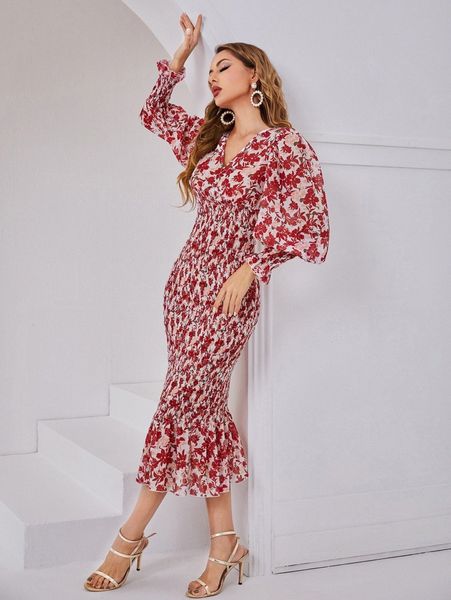 

allover floral print lantern sleeve mermaid hem shirred dress y6sf#, Black;gray