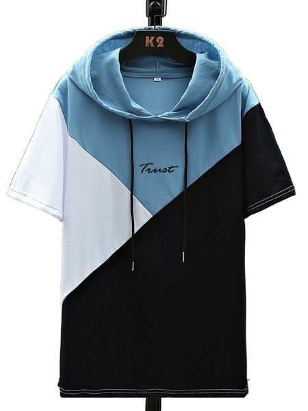 

men letter graphic colorblock drawstring hooded tee f3zf#, White;black