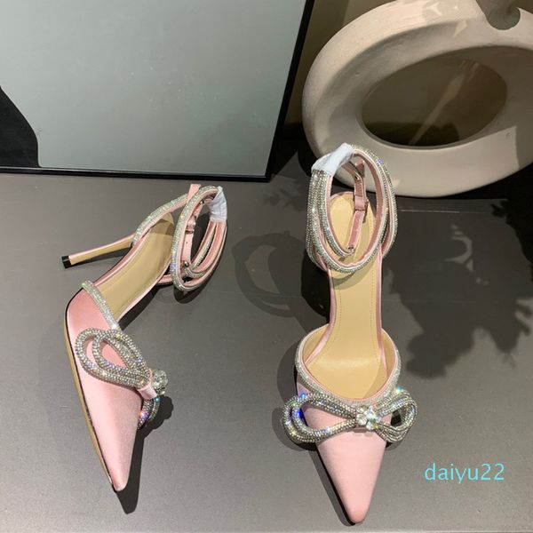 

2022 new Satin Bow Pumps Crystal Embellished rhinestone Evening shoes stiletto Heels sandals women heeled Luxury Designers ankle strap Dress shoe footwear, Pink
