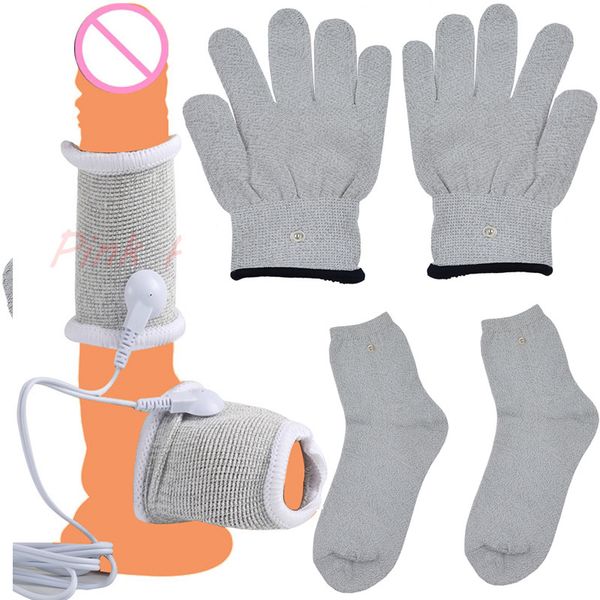 Elektroschock-Handschuhe, Körpermassage, Stimulation, Penisring, faserleitende Socken, sexy Spielzeug für Erwachsene für Paare