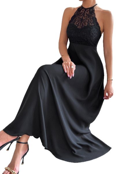 

contrast lace tie backless a-line dress d09n#, Black;gray