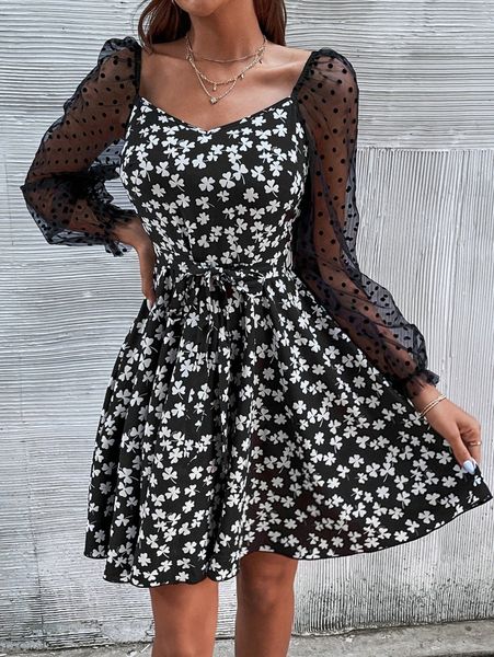 

dobby mesh lantern sleeve floral print belted dress o9ix#, Black;gray