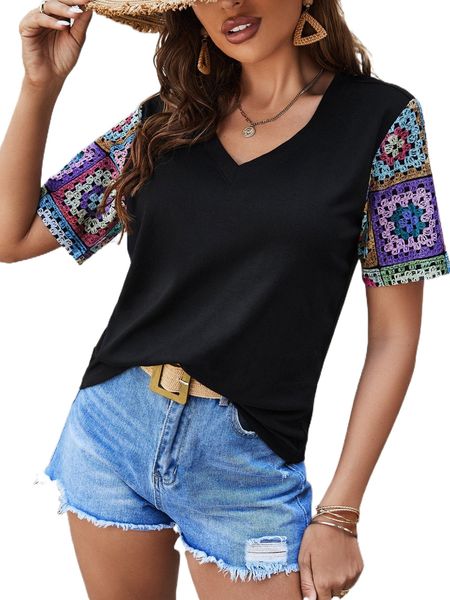 

contrast sleeve v neck tee i9wy#, White