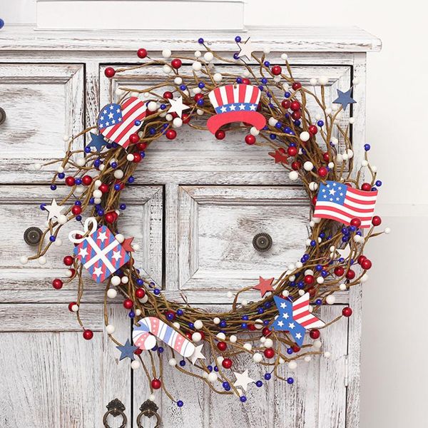 Flores decorativas grinaldas Inch Inch Americana Flag Wreath 4 de julho do Dia da Independência da porta da frente pendurada guirlanda artificial para janela da parede m