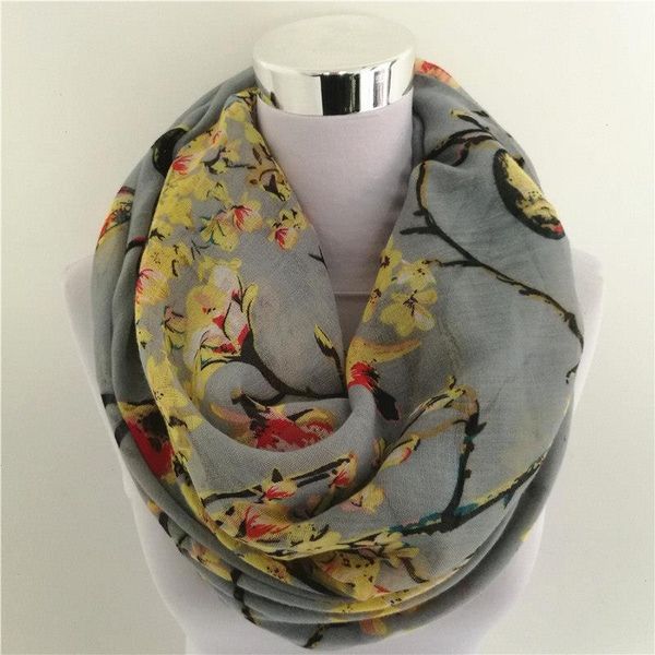 

magpie bird print viscose match ipek esarp loop scarves flower infinity scarf spring wraps ring for women, Blue;gray