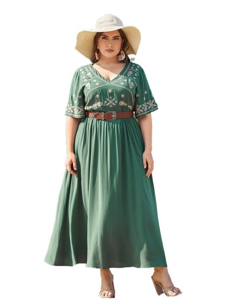 

plus v-neck embroidery maxi a-line dress without belt t92g#, Black