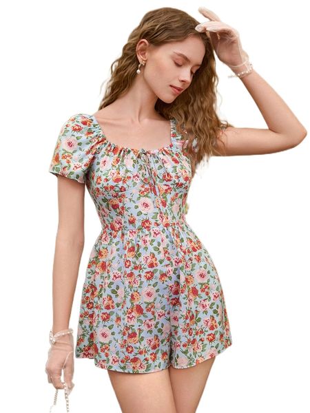 

mod floral print tie front romper m7el#, Black;white