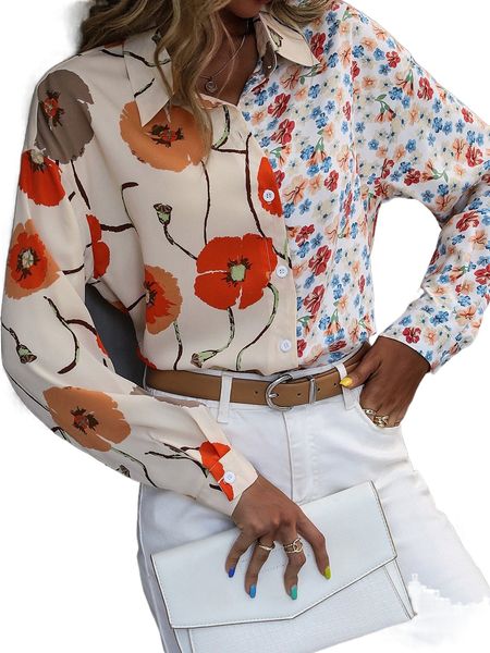 

floral print button front shirt t07k#, White